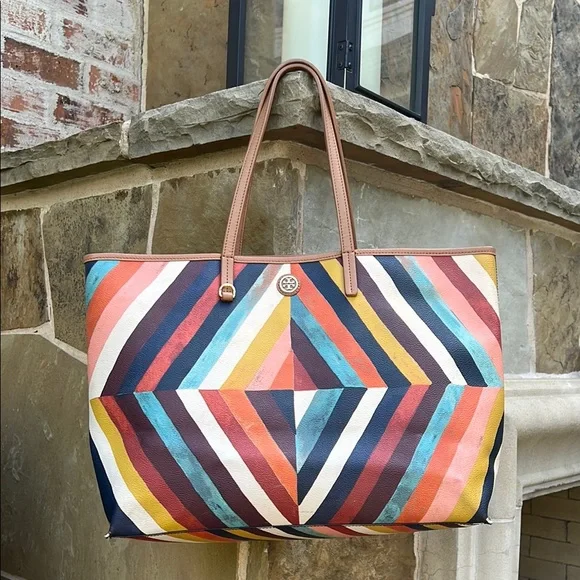 Tory Burch Chevron Leather Tote Bag. Multi-colored. - Picture 1 of 8